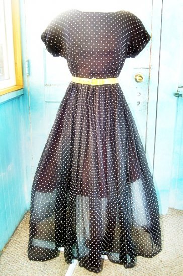 Utterly Stunning 1950s Black and White Polka Dotted Full Skirt Party Dress Medium or Small