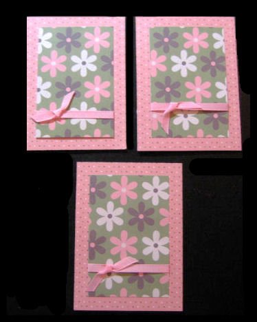 Three 3 Handmade Cards Card Pink and Green Grosgrain Ribbon