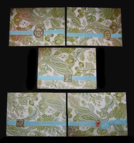 Five 5 Handmade Cards Card Green and Aqua Turquoise Paisley