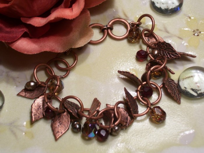 Brass leaf with red beads bracelet-25416