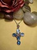 Silver & Blue Crystal Cross Necklace-25346