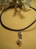 Black leather pearl cubic zirconia necklace-59308
