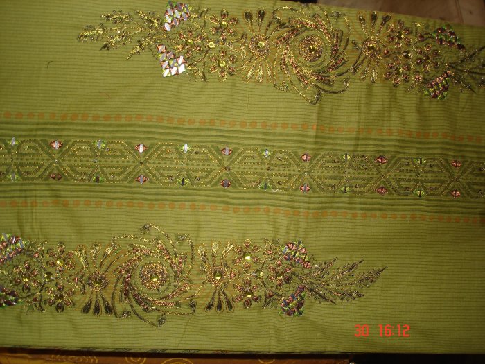 T-287: Green Salwar Kameeez Cotton Fabric with Embroidery and Mirror Work