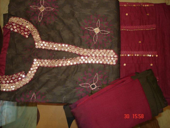 T-291: Salwar Kameez Cotton Fabric adorned with Mirror Work on the neck