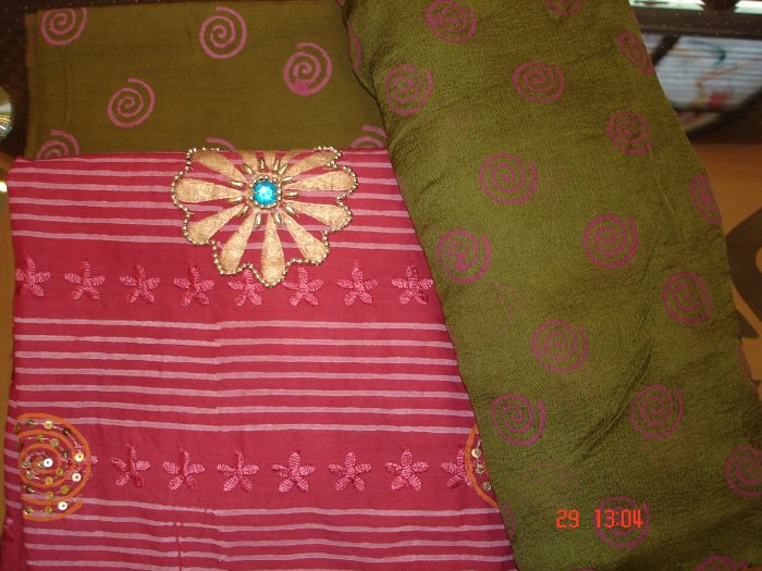 T-284: Salwar Kameez Cotton Fabric with Print, Embroidery and Sequence Work