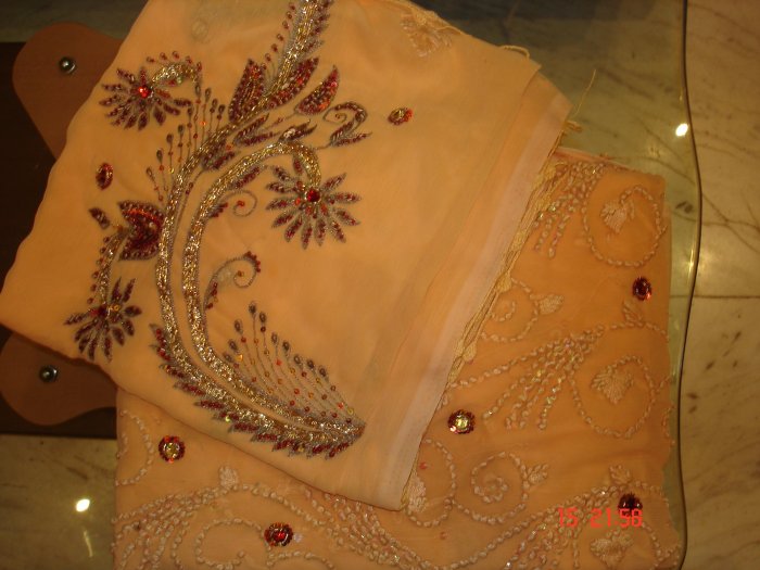 T-075 - Designer Chiffon Salwar Kameez fabric with French Knot and Sequence Work.