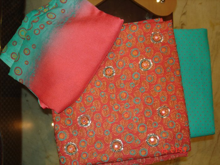 T-195: Cotton Salwar Kameez Fabric with Embroidery, Fabric Painting and Zardosi Work