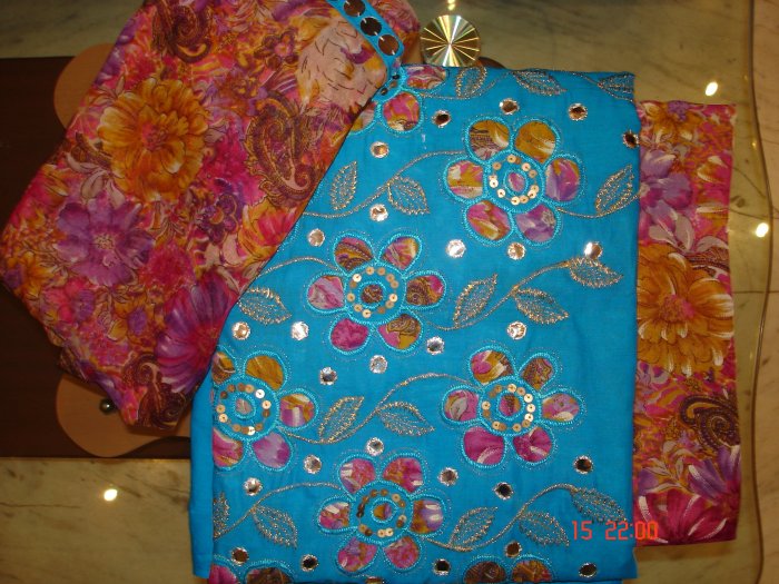 T-019: Aqua Blue Cotton fabric with Applique work