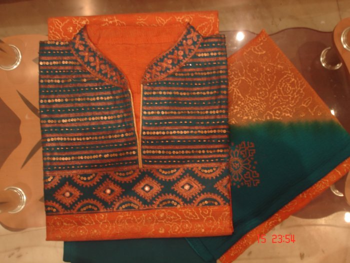 T-393: Cotton Semi-Stitched Fabric with golden prints on body & sequence work