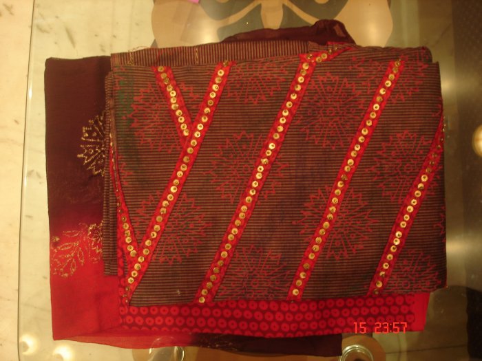 T-363: Red Cotton Salwar Kameez Fabric with sequence work