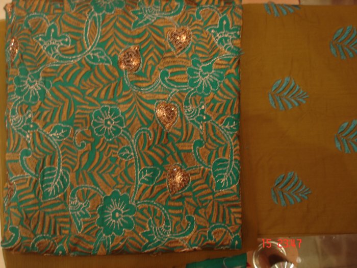 T-334: Green Color Cotton Salwar Kameez Fabric with embroidery and chiffon dupatta