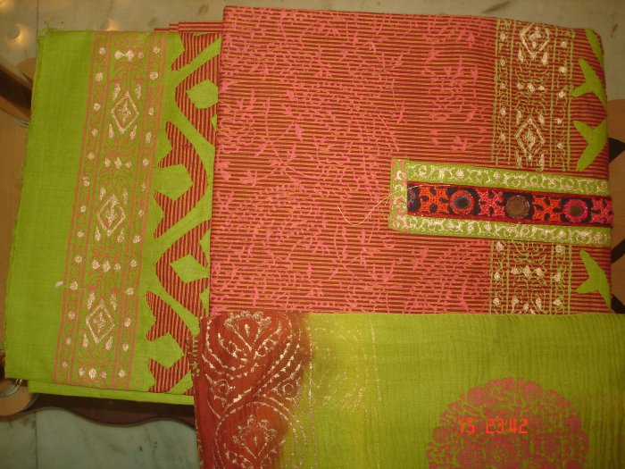 T-360: Cotton Salwar Kameez Material with patch work and chiffon dupatta