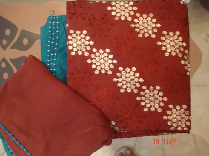 T-338: Brown Color Cotton Salwar Kameez Fabric with embroidery and chiffon dupatta