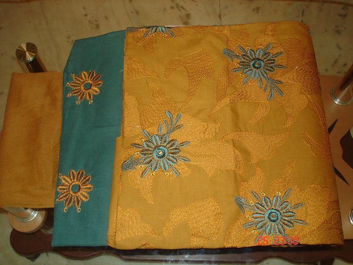 T-400: Yellow & Dark Green Cotton Salwar Kameez with embroidery