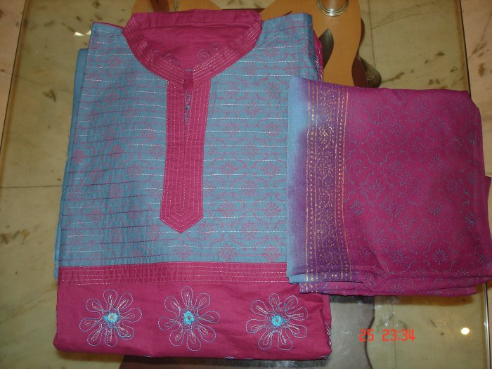 T-399: Cotton Salwar Kameez with embroidery - Pink & Blue