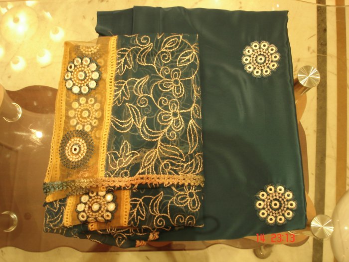 T-449: Peacock Blue Crepe Salwar Kameez with Embroidery and Heavy Dupatta