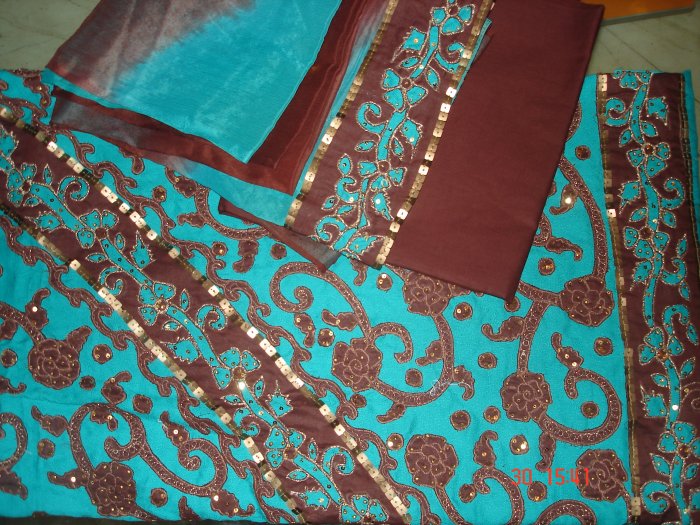 T-418: Peacock green with brown patch work