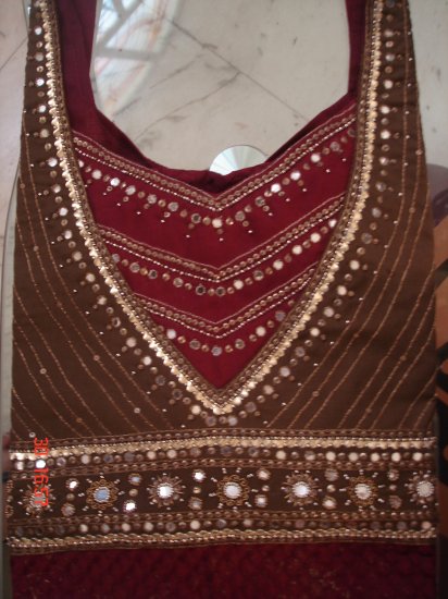 T-473: Readymade Maroon Suit with Brown patch work