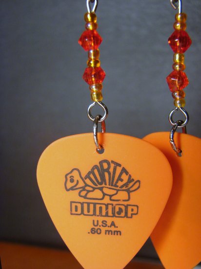 Guitar Pick Earrings- Beaded Turtle- Orange