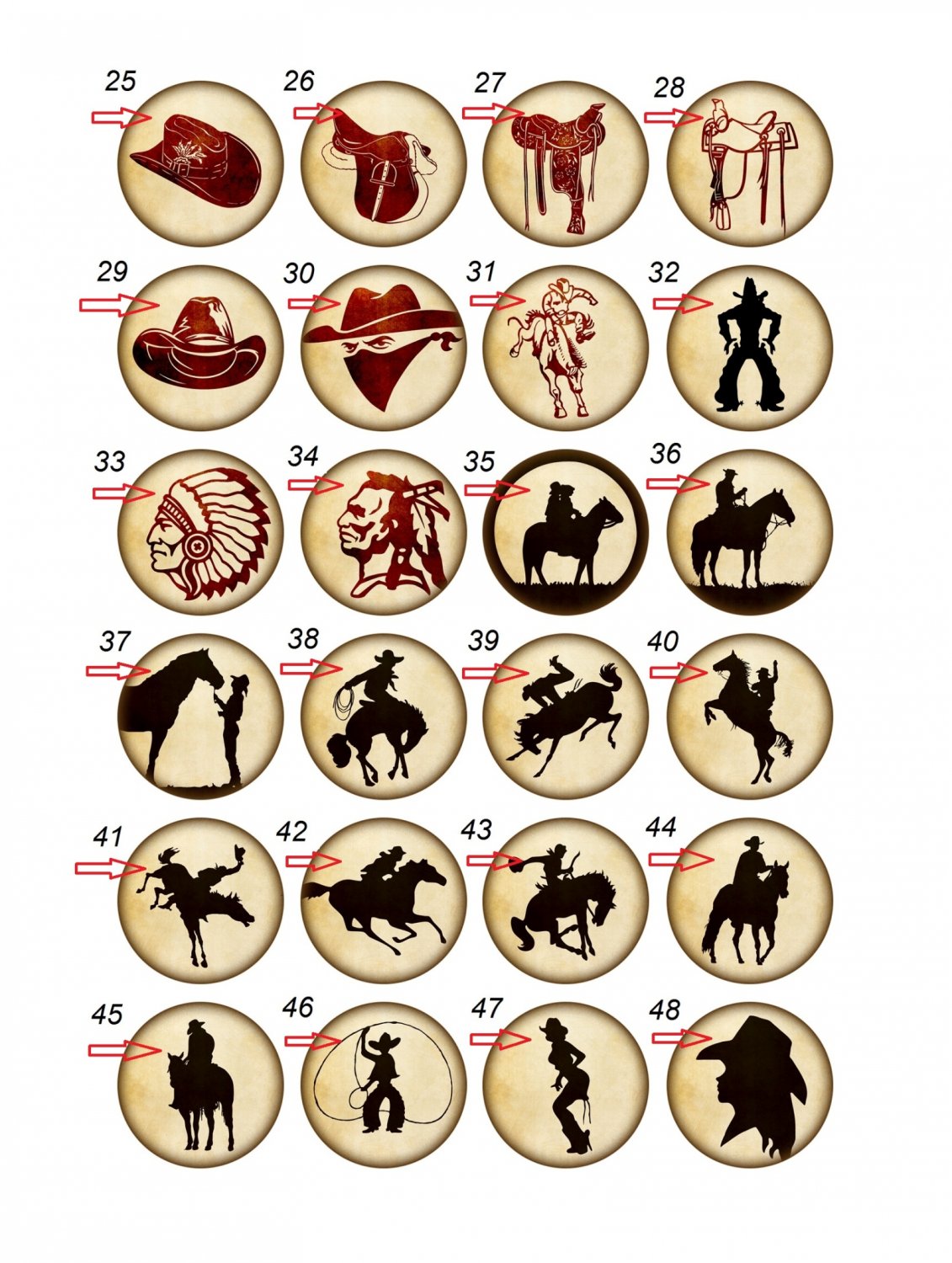 Wholesale Lot Party Set (48) 1.25 inch Pinback Button Badge Western Cowboy Pins Aprox. 32mm