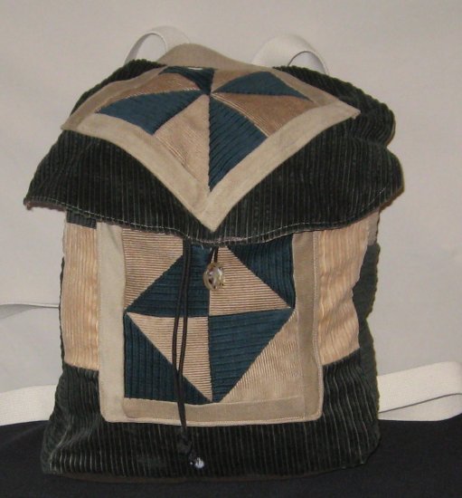 Green and Tan Patchwork Backpack 9 pockets