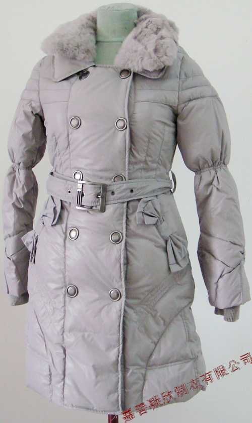 Bowknot Pocket Ladies'double-breasted DOWN JACKET with Rex Rabbit Hair Collar&Hoody Gray clr