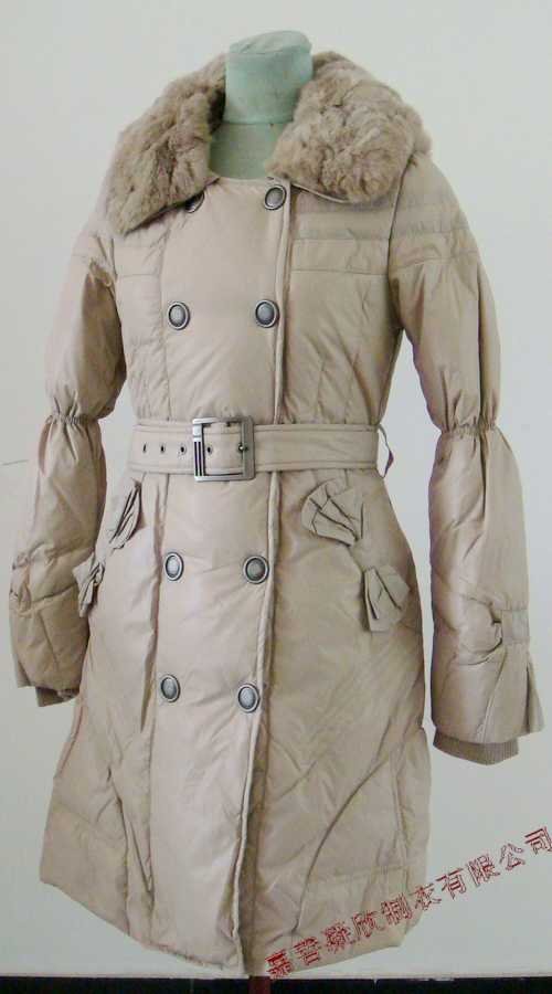 Bowknot Pocket Ladies'double-breasted DOWN JACKET with Rex Rabbit Hair Collar&Hoody Beige clr