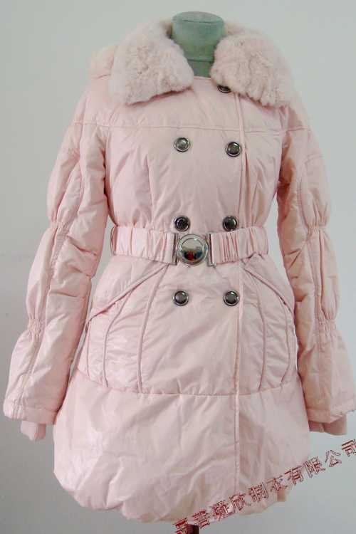 2011 Prancing Leaves Ladies'double-breasted DOWN JACKET with Rex Rabbit Hair Collar&Hoody Pink clr
