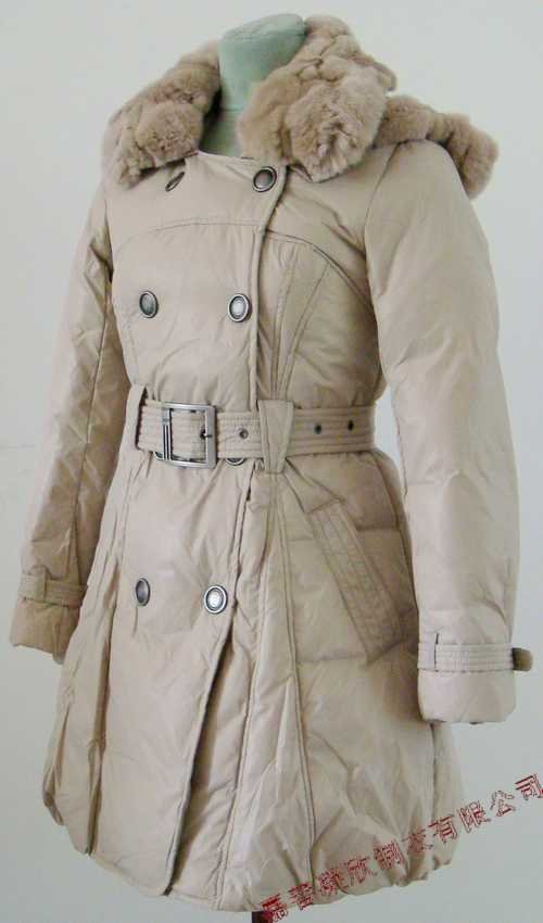 NEW Prancing Leaves Ladies'double-breasted DOWN JACKET with Rex Rabbit Hair Collar&Hoody Beige clr