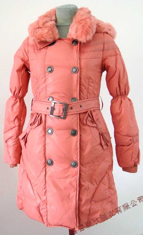 Bowknot Pocket Ladies'double-breasted DOWN JACKET with Rex Rabbit Hair Collar&Hoody Red clr