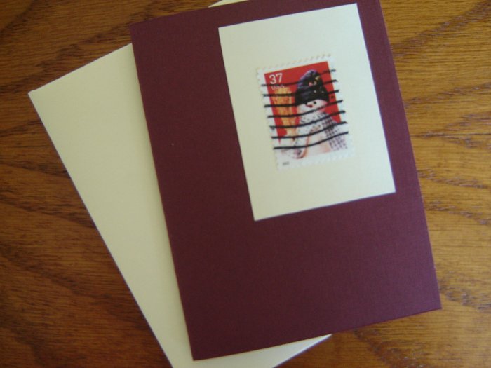 Handmade card featuring US stamp 3677 - 37c Snowman w/ Blue Scarf