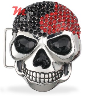 Skull Belt Buckle CZ encrusted Black and Red