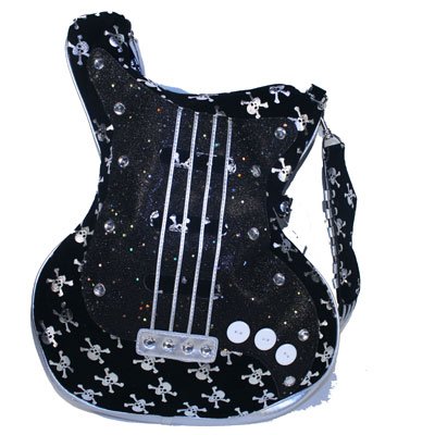 Black Guitar Shaped Purse With Silver Skull and Crossbones