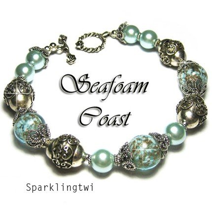 Gorgeous Sterling Silver Bali Seafoam Blue Green Gold Fleck Bracelet, BHV