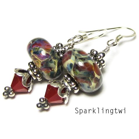 Gorgeous Sterling Silver Red Boro Lampwork Swarovski Crystal Glass Earrings, BHV