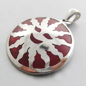 925 Sterling Silver With Red Enamel round sun Pendant