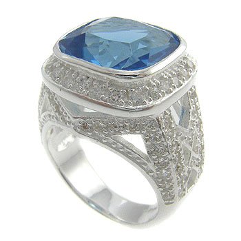 925 Sterling Silver With Blue Topaz, White CZ Ring size 6