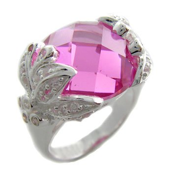 925 Sterling Silver Designer Ring With huge Pink & White CZ 7