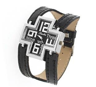 Black cross design leather quartz watch
