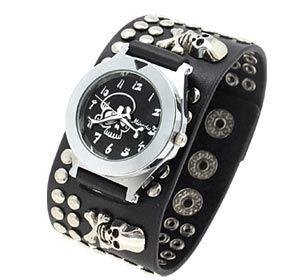 Black scull rivet leather band watch