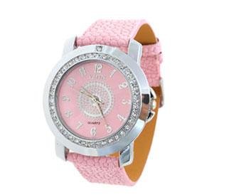 Exquisite Sexy Pink leather strap Quartz Wristwatch with crystals