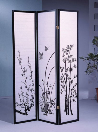 3 Panel Floral Design Room Divider Black