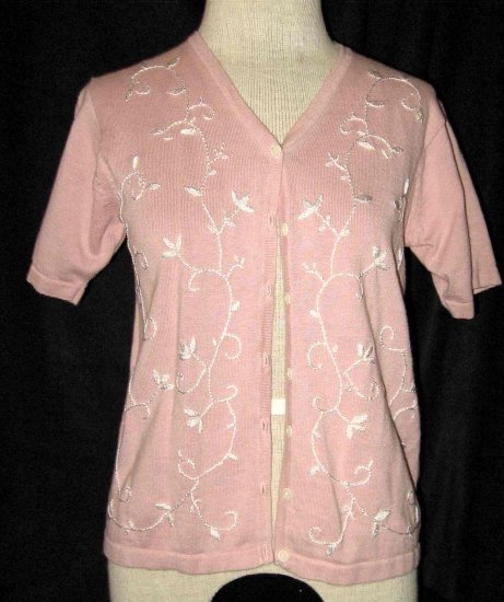 DRESS BARN Pink Cotton Sweater w/flowers Size Small !!