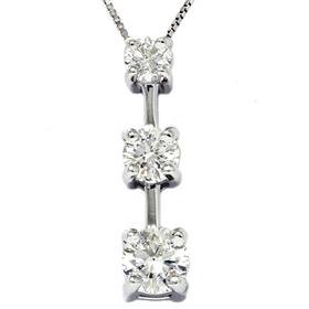 14k White Gold 1.00ct Three Stone Diamond Stick Pendant & Chain