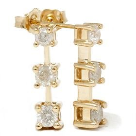 14k Gold Three Stone 1 CT Diamond Earrings