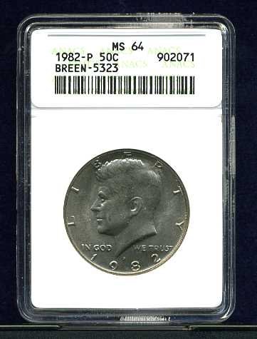 1982-P Breen-5323 No FG Kennedy Half Dollar ANACS MS64
