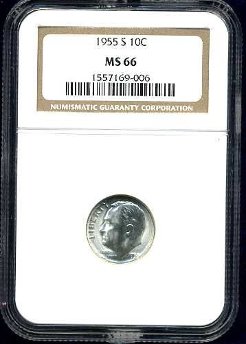 1955-S Roosevelt Dime NGC MS66 interesting die crack