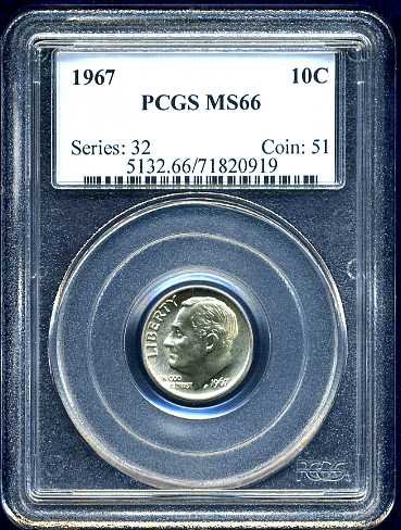 1967 Roosevelt Dime PCGS MS66