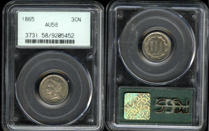 1865 Three Cent Nickel PCGS AU58