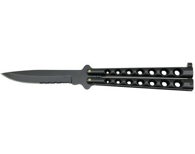 Butterfly Knife with Holes & Serrated Blade - Black